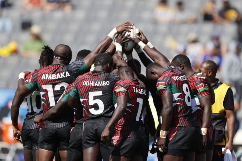 Kenya Sevens players huddle. PHOTO/World 7s Series